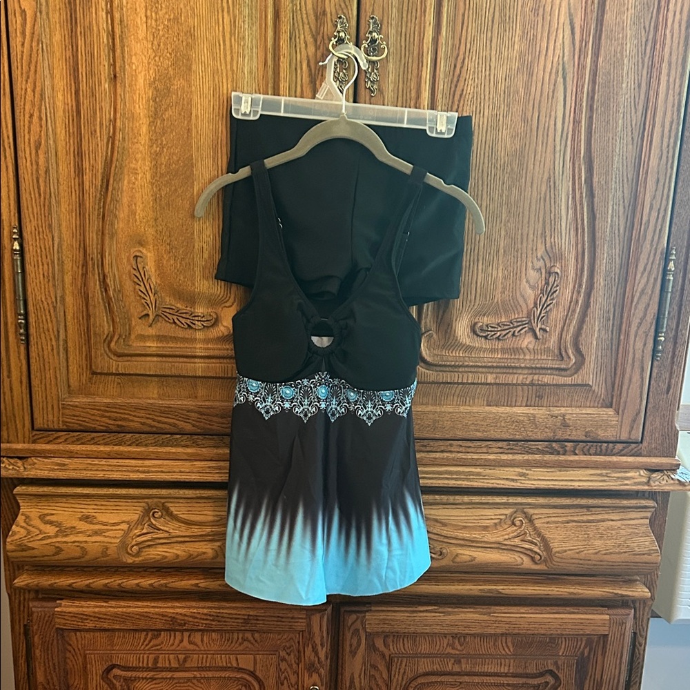 Black to Aqua Ombre Tankini Top with Decorative Waistband